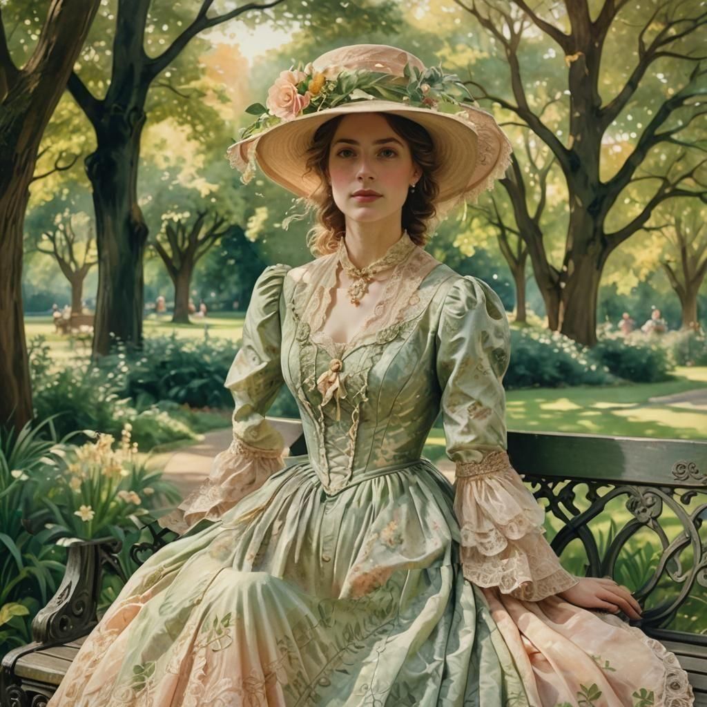 Victorian Woman with Hat in Park Portrait
