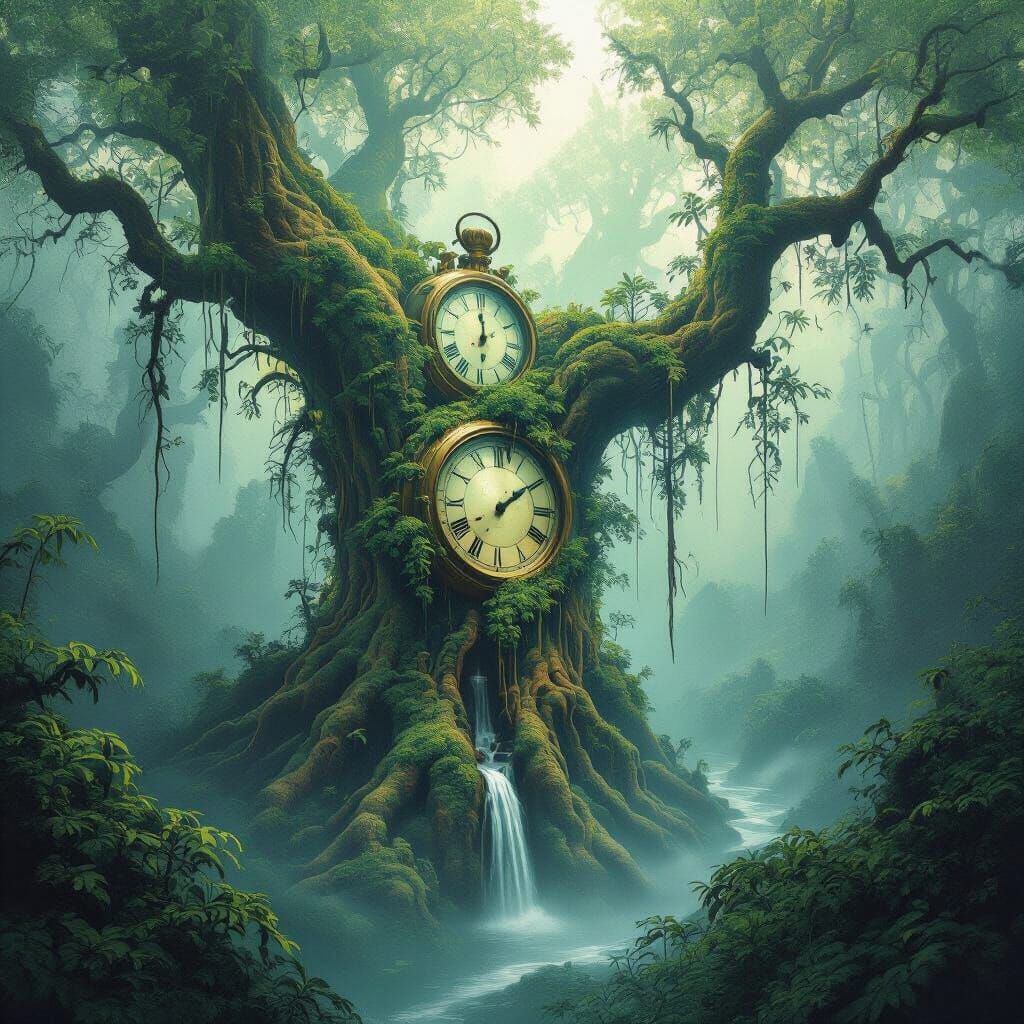 Surreal Rainforest with Melting Clocks in Dali Style