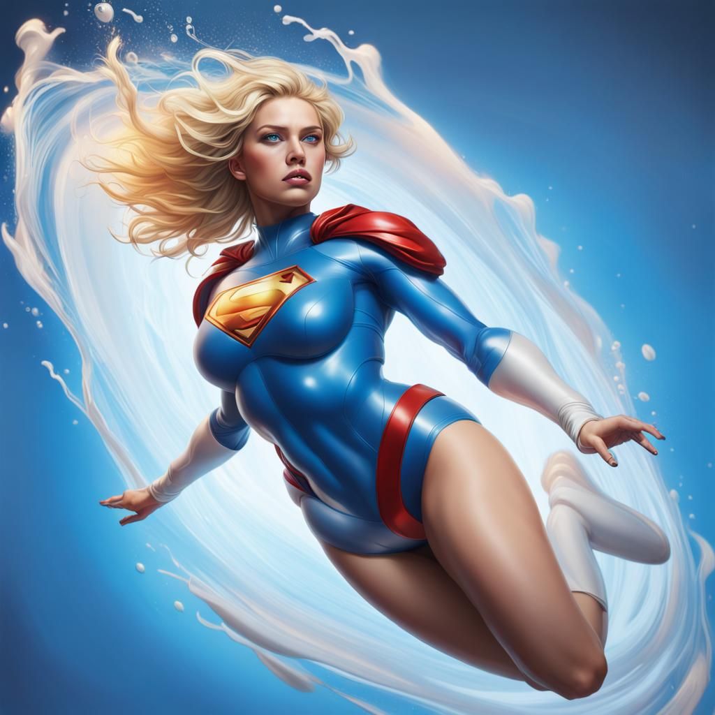 Hyperrealistic Power-Girl Floating in Air