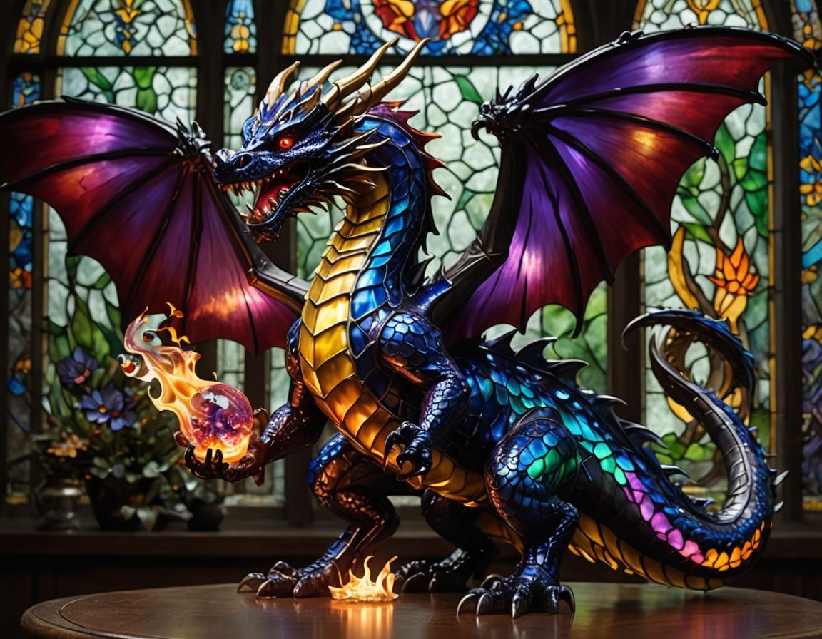 Enameled Glass Dragon Breaths Fire: Hyperrealistic Film Stil...