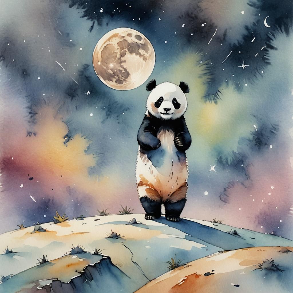 Cute Panda on the Moon in Watercolor Style