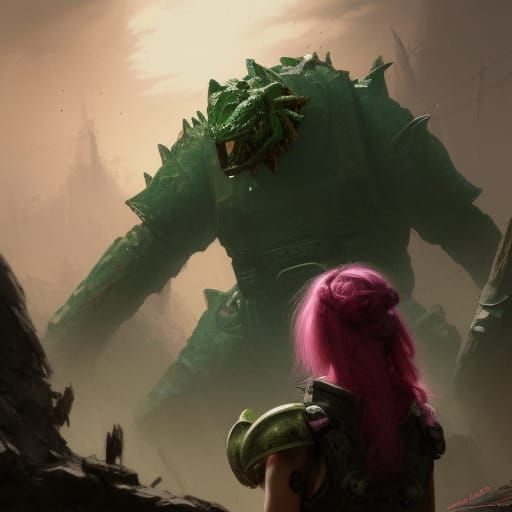 Pink-Haired Warrior Confronts Reptile in Dark Fantasy Style