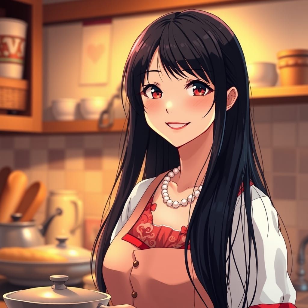 Smiling Tradwife in Kitchen, Studio Trigger Anime Style
