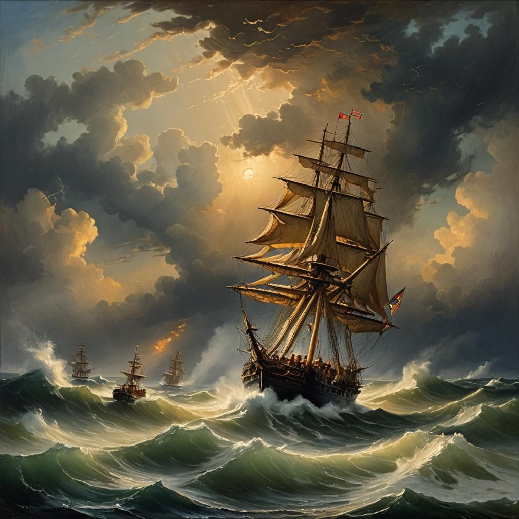 Sailors in Stormy Seas: A Romantic Oil Painting