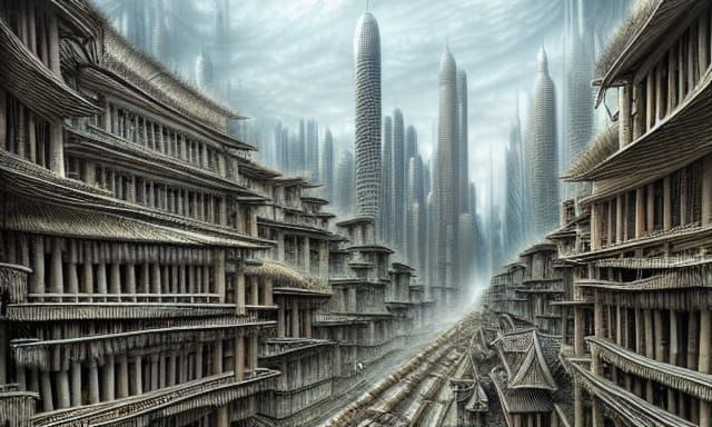 Detailed Stone Architecture in a Bamboo City