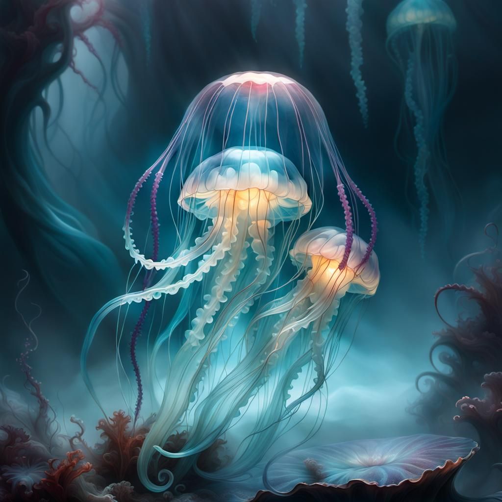 Translucent Jellyfish in Fog: A Hyperdetailed Digital Painti...