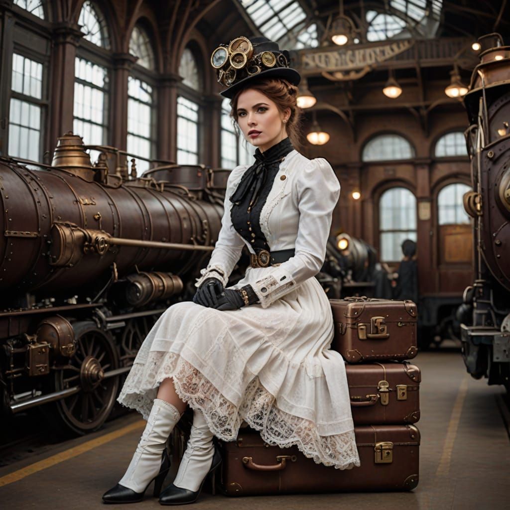 Steampunk Lady in Vintage Train Station