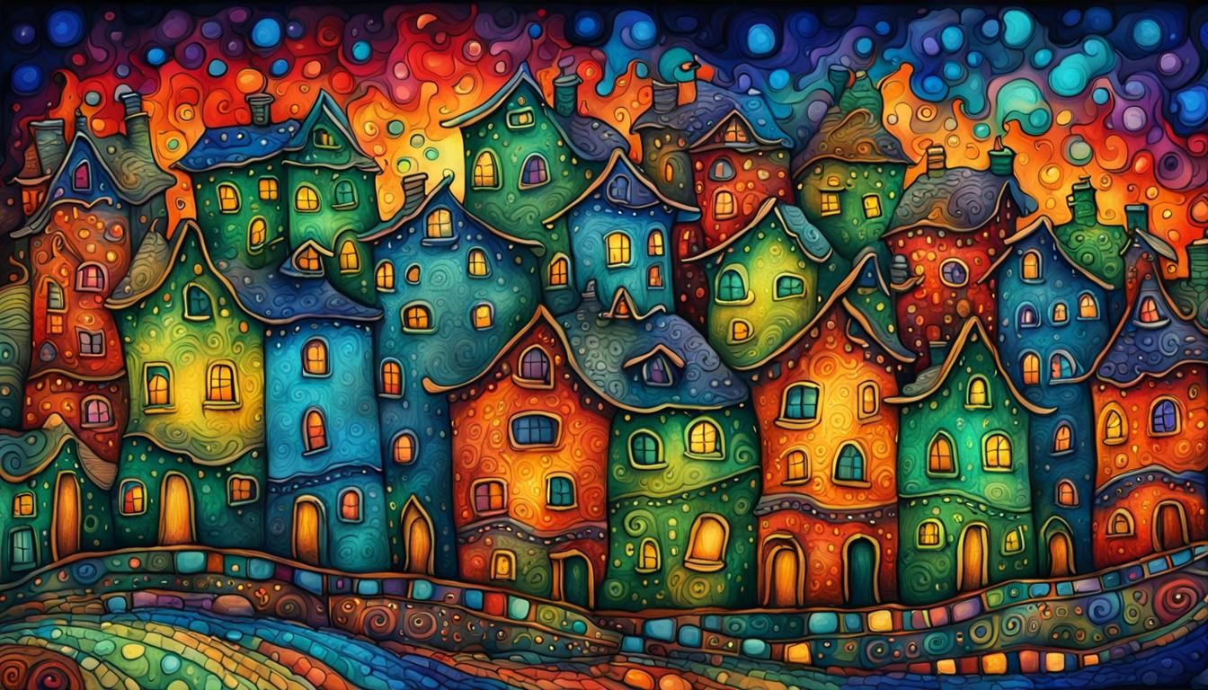 Whimsical Winter Village in Vibrant Impasto Style