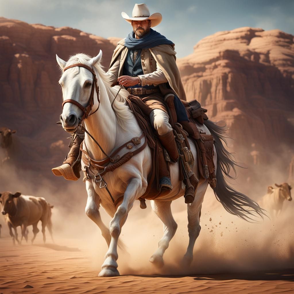 Cowboy on Horseback in Desert Landscape, Matte Painting