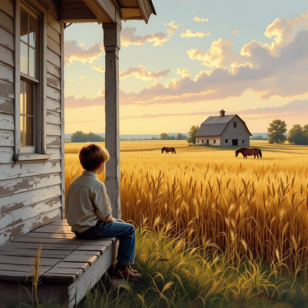 Boy Gazes at Golden Wheat Field from Old Farmhouse Porch
