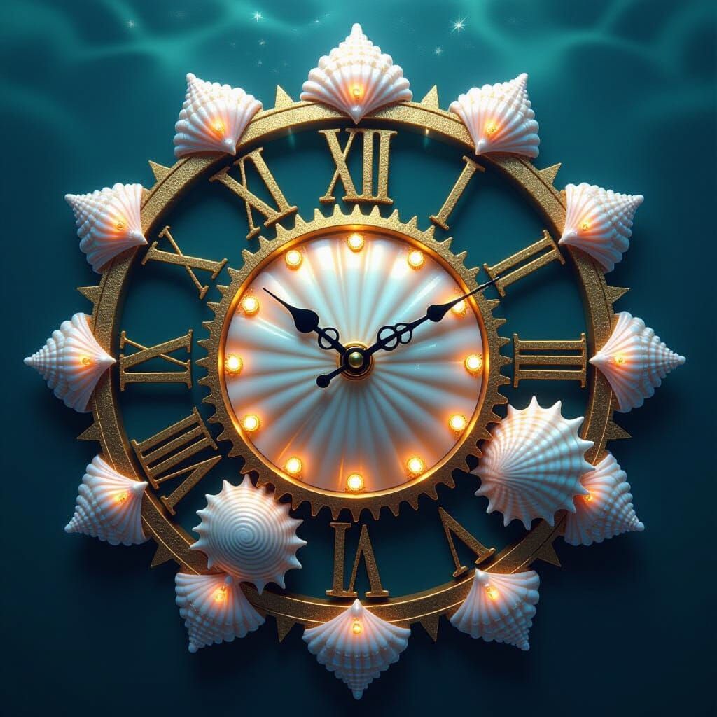 Seashell Clock with Ocean Light, Surreal Design