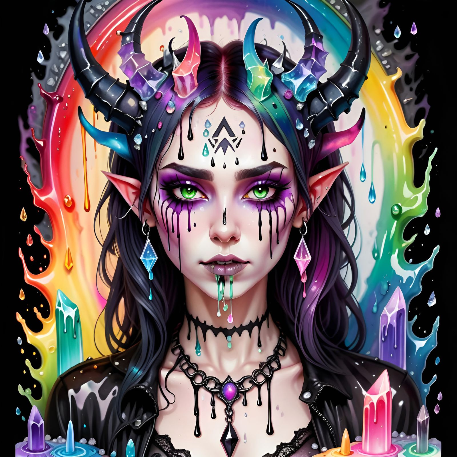 Pastel Goth Demoness with Rainbow Liquid, Watercolor Art
