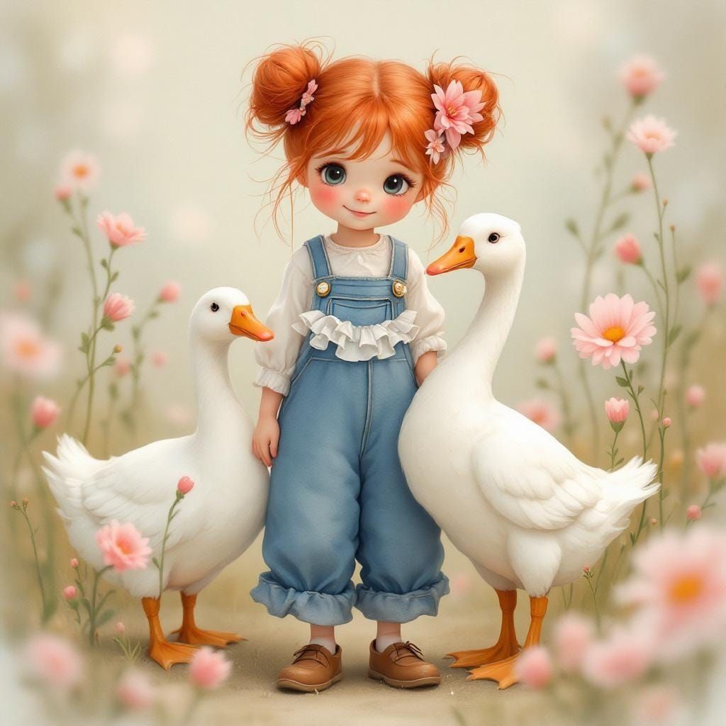 Girl with Goose in Fairytale Illustration Style