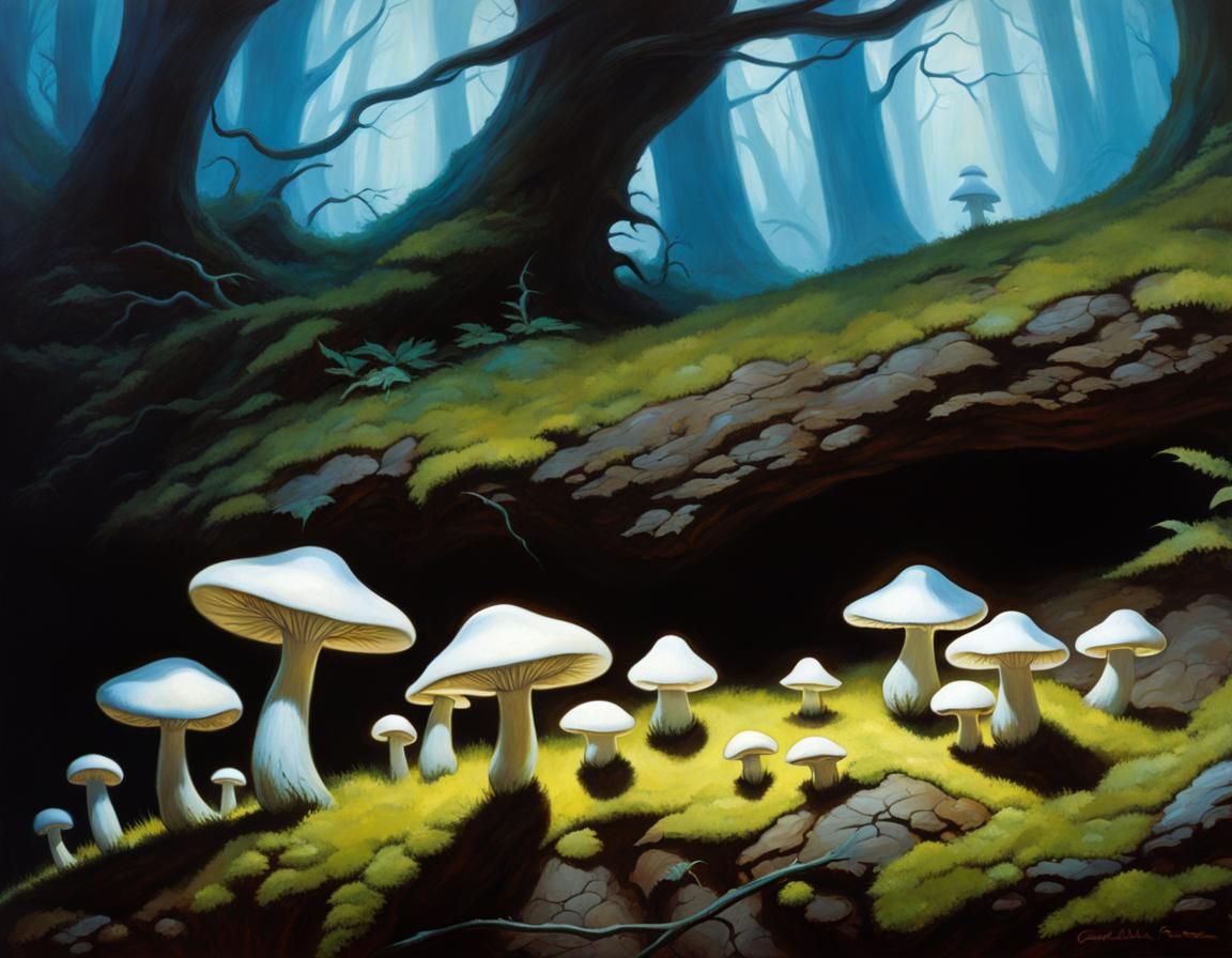 Glowing Mushrooms in Dark Fantasy Style