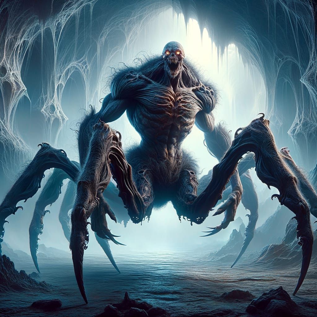 Minotaur-Spider Hybrid in Dark Fantasy Lair