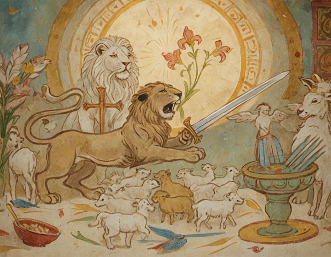 Lion Herding Sheep in Dreamy Pastel Colors