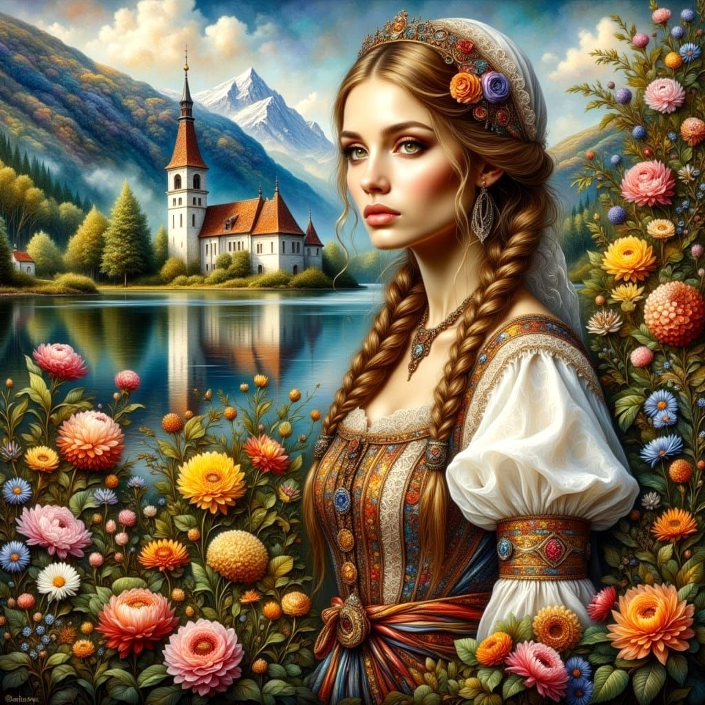 Traditional Slovenian Woman in Beautiful Impasto Oil Paintin...