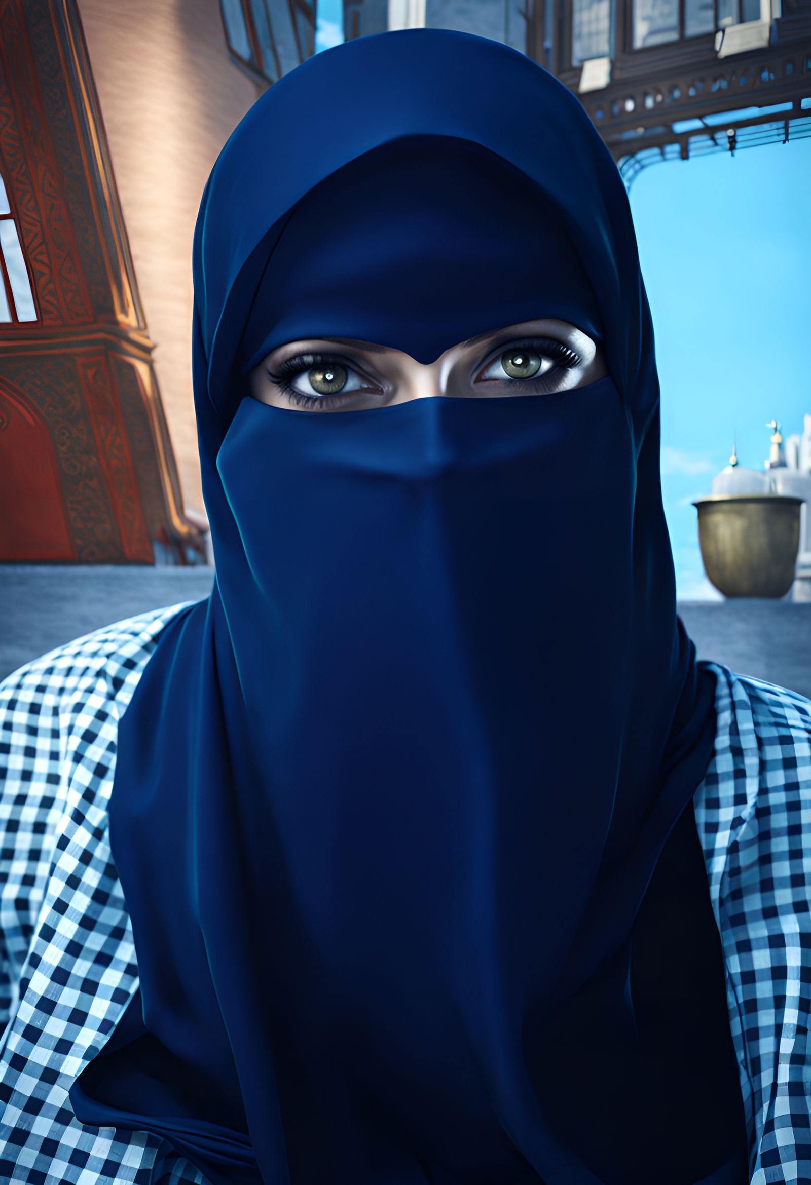Woman with Hijab and Niqab in Cityscape, Digital Art