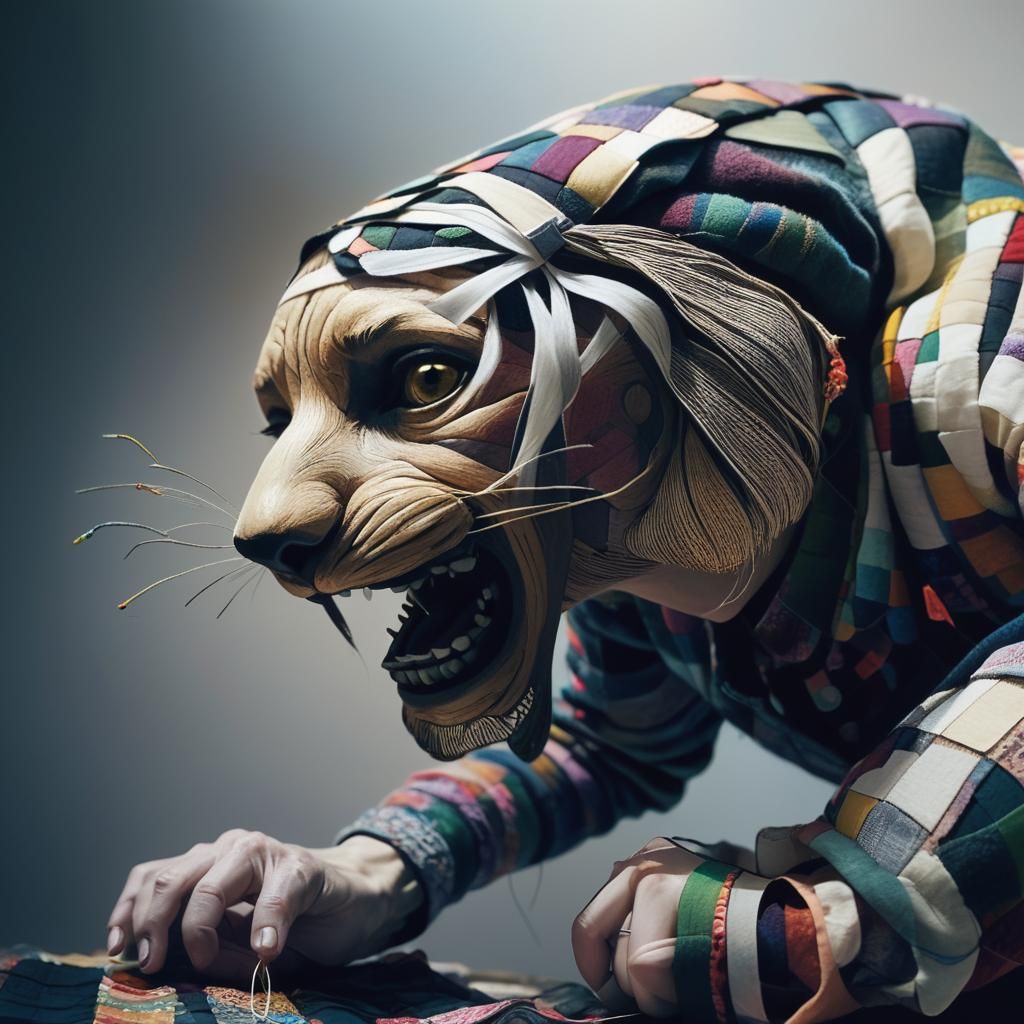 Colorful Folk Art: Woman Sewing Quilt