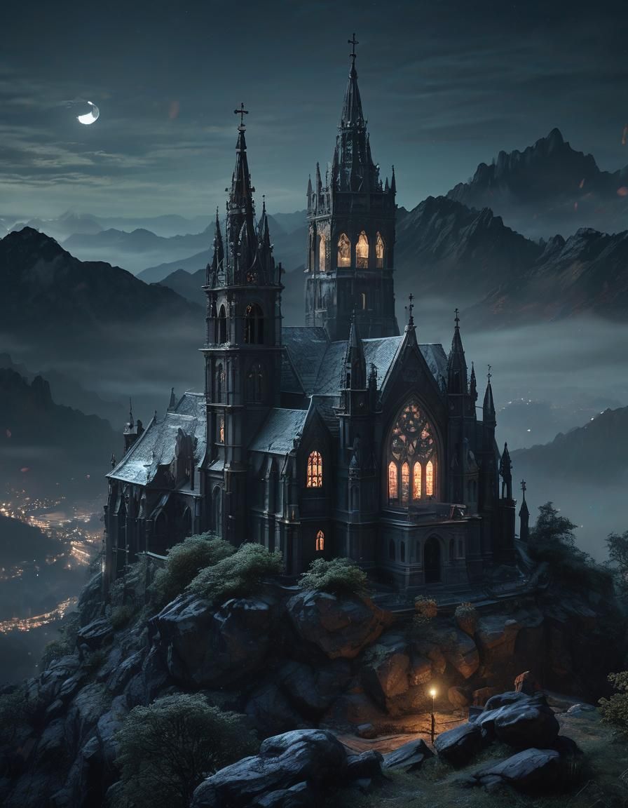 Gothic Church Mosaic on Foggy Mountain Peak