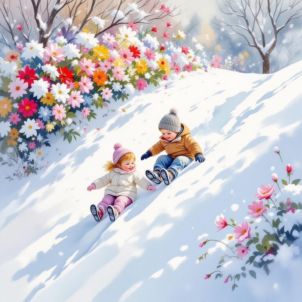 Ethereal Watercolour of Children Sliding Down Snowy Hill