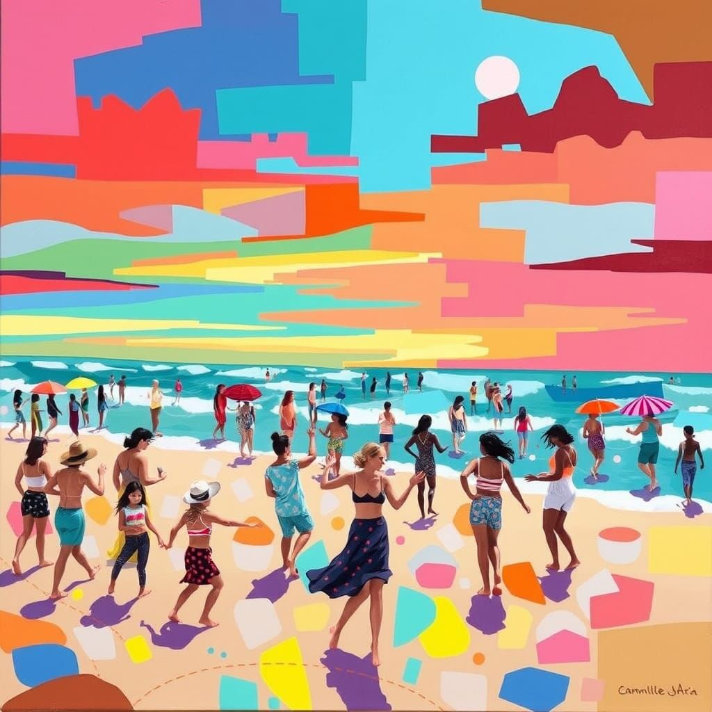 Joyful Beach Party in a Hockney-esque Style