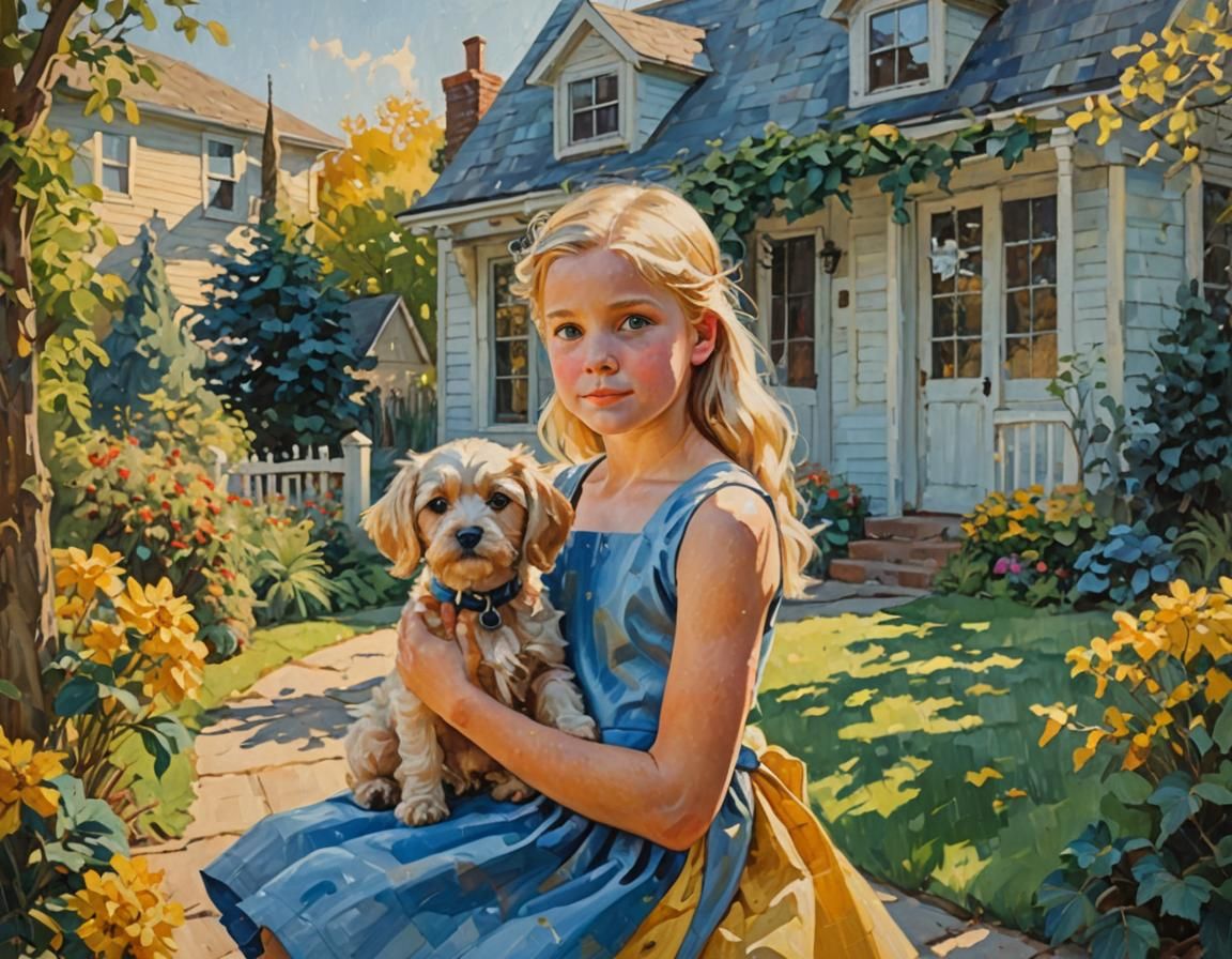 Girl with Dog: Impressionist Oil Painting in Sunlight