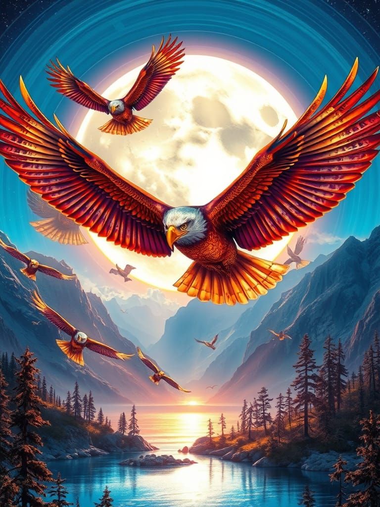 Neon Eagles Under Gilded Moon in Hyperrealistic Style