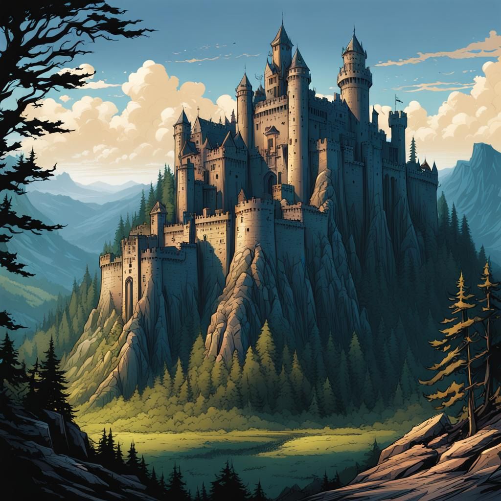 Modern Castle on Plateau in Comic Book Style