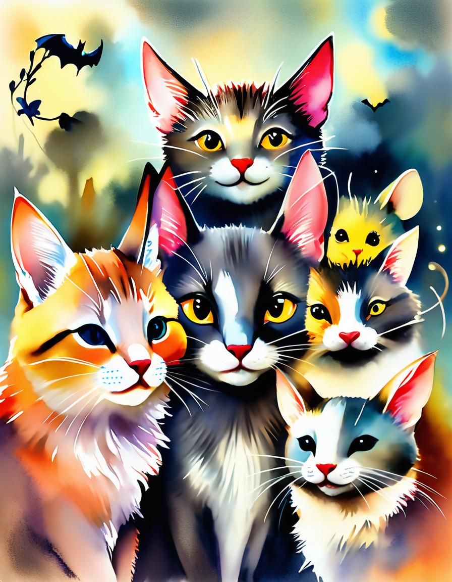 Whimsical Watercolour Portrait of Cat, Bat, and Rat