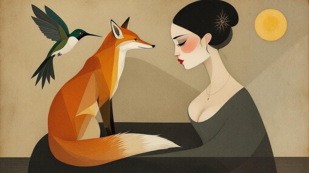 Hummingbird, Woman, and Fox as Elegant Portrait