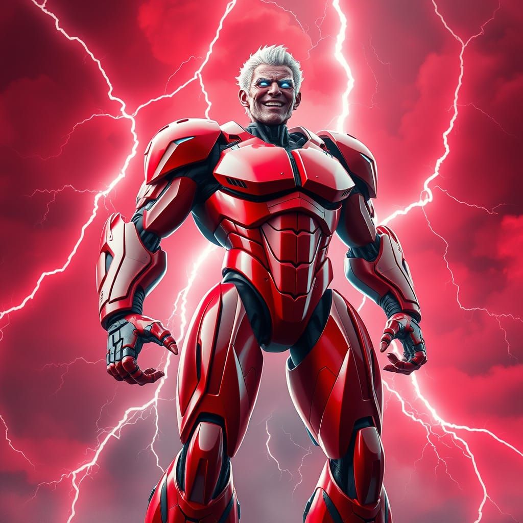 Majestic Robot in Red Lightning Storm with Joyful Smile