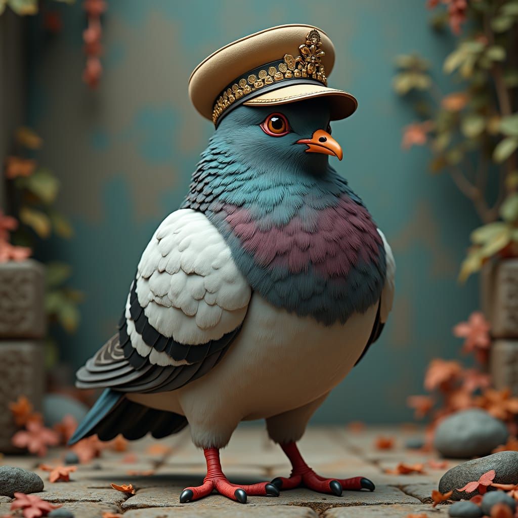 Anthropomorphic Pigeon in Military Cap, Detailed Matte Paint...