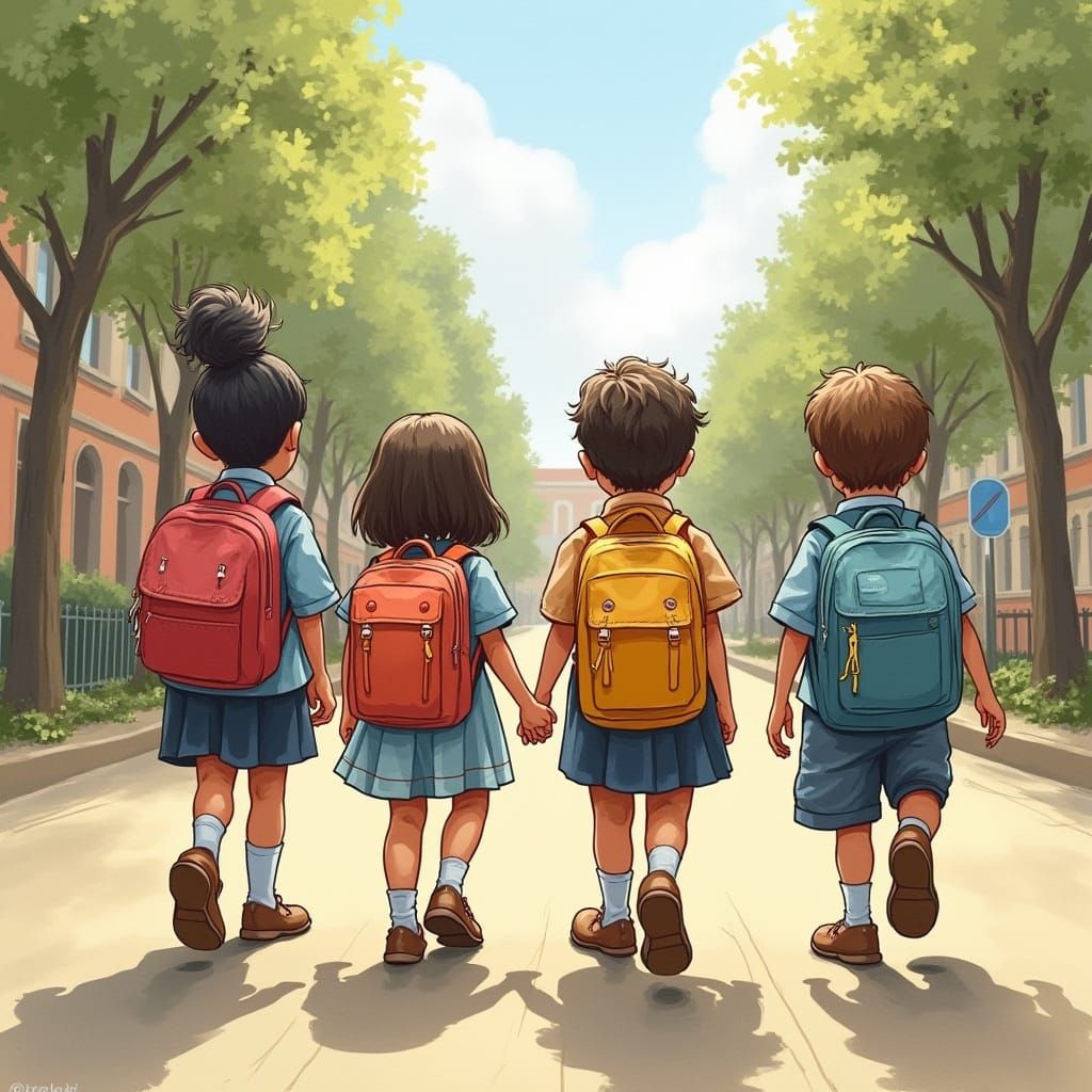 Whimsical School Children in Colorful Clothing
