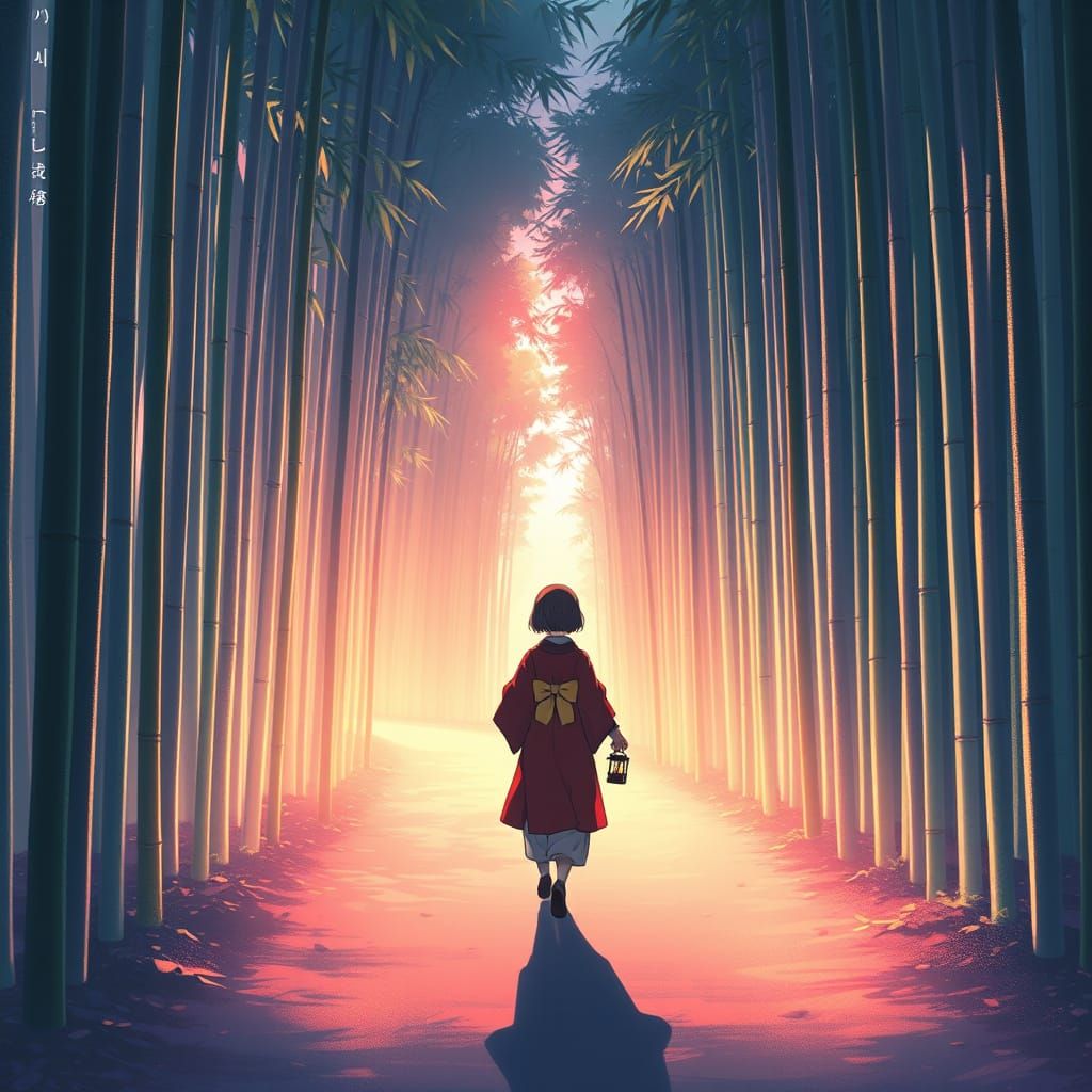 Serene Twilight Traveler in Bamboo Forest: Anime Style