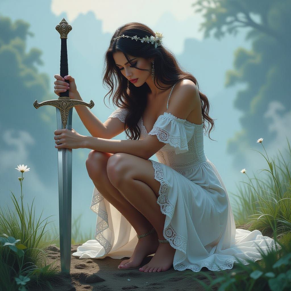 Ethereal Woman with Sword in Dreamy Landscape