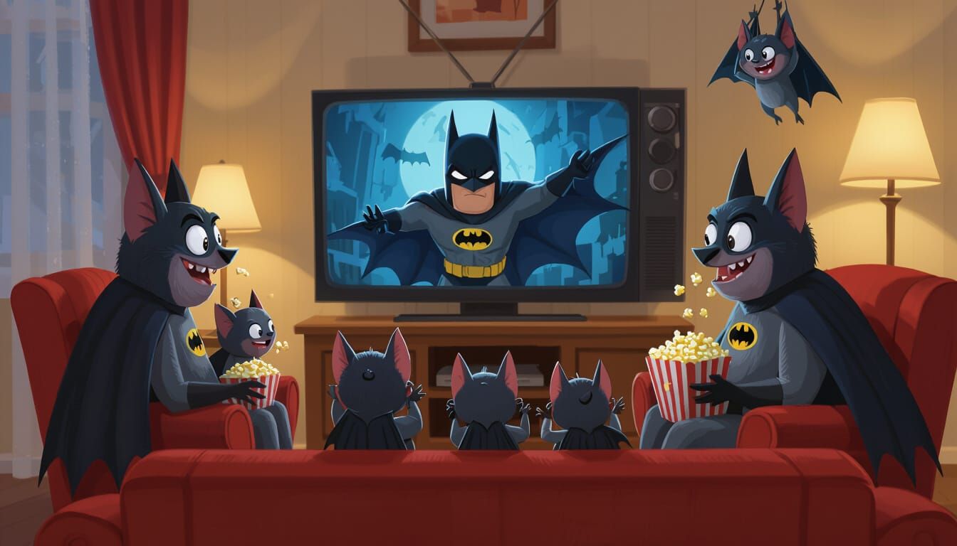 Anthropomorphic Bat Family Watching Batman TV