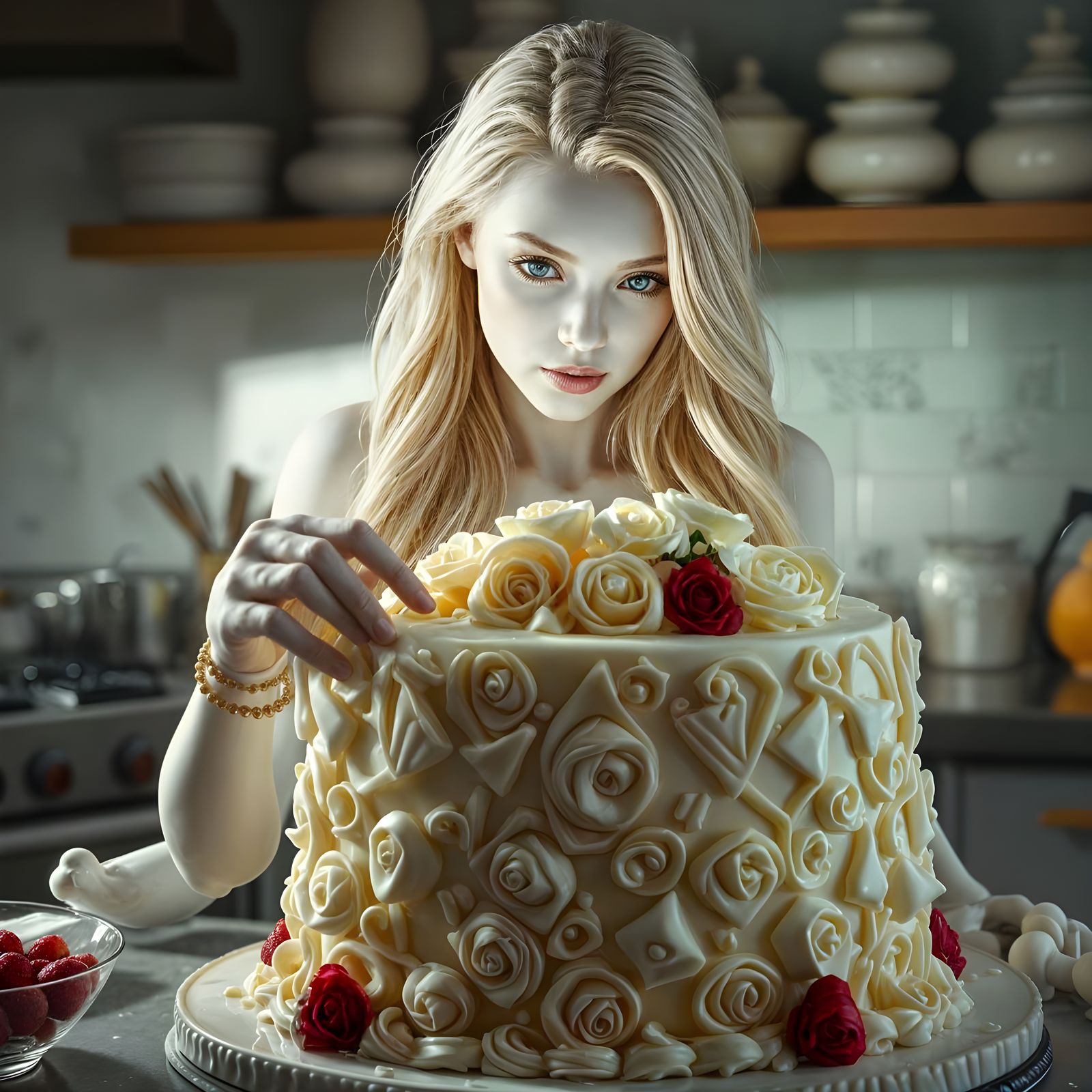 Enchanting White Chocolate Woman Making Cake