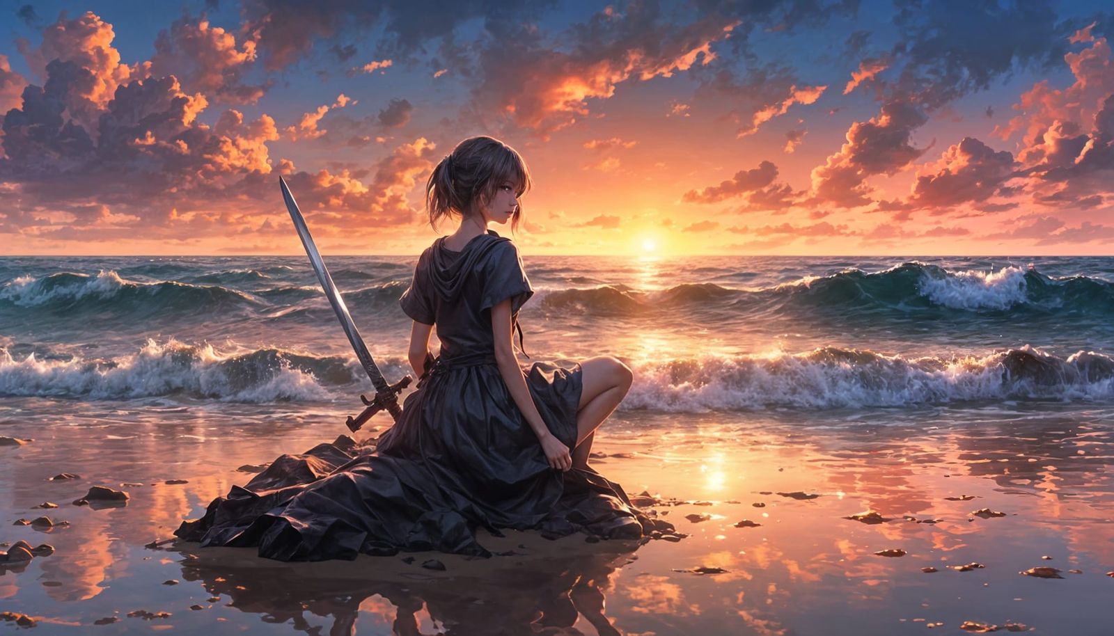 Anime Girl with Sword at Sunset Beach