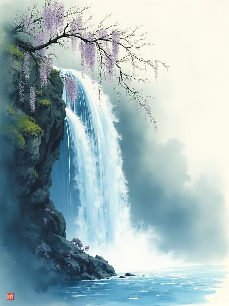 Sumi-e Waterfall with Wisteria