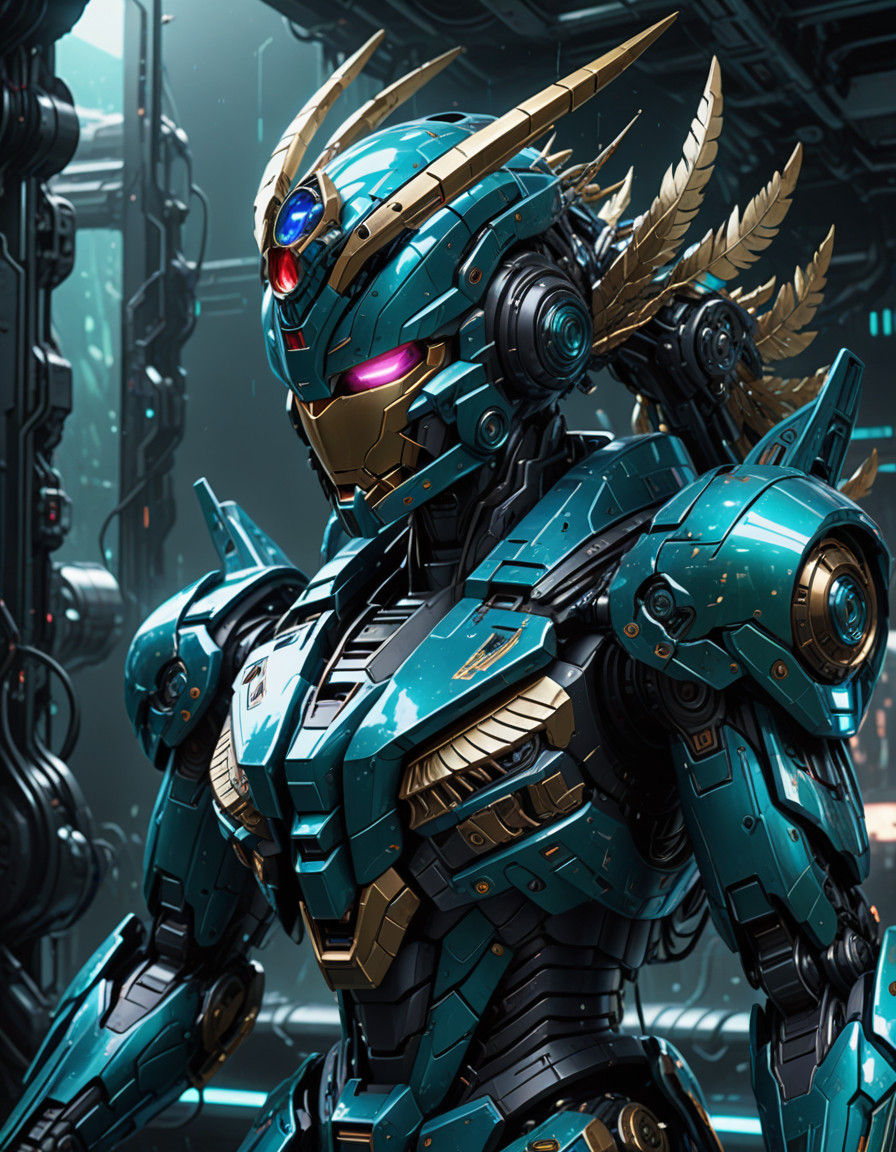 Vibrant Gundam Mech in Peacock-Inspired Diving Pose