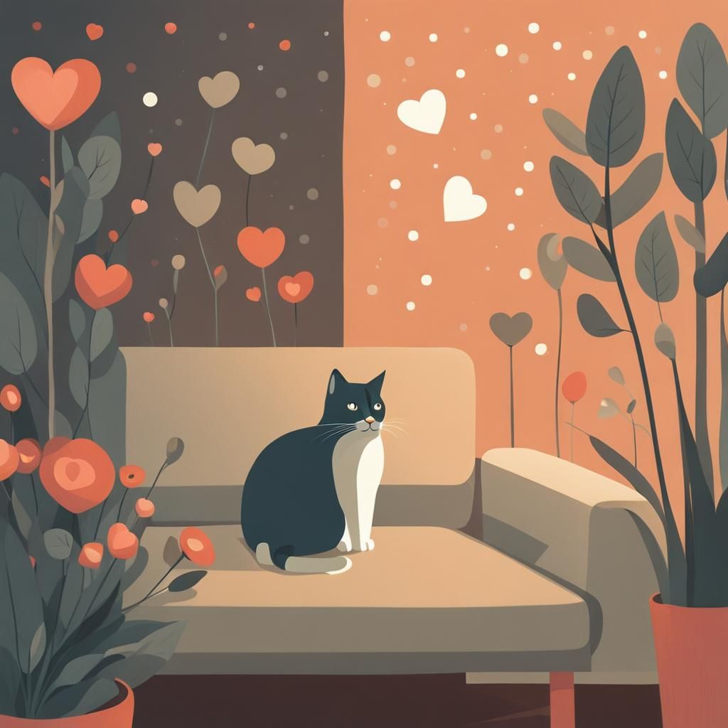 Cat with Flowers: Minimalist Digital Illustration
