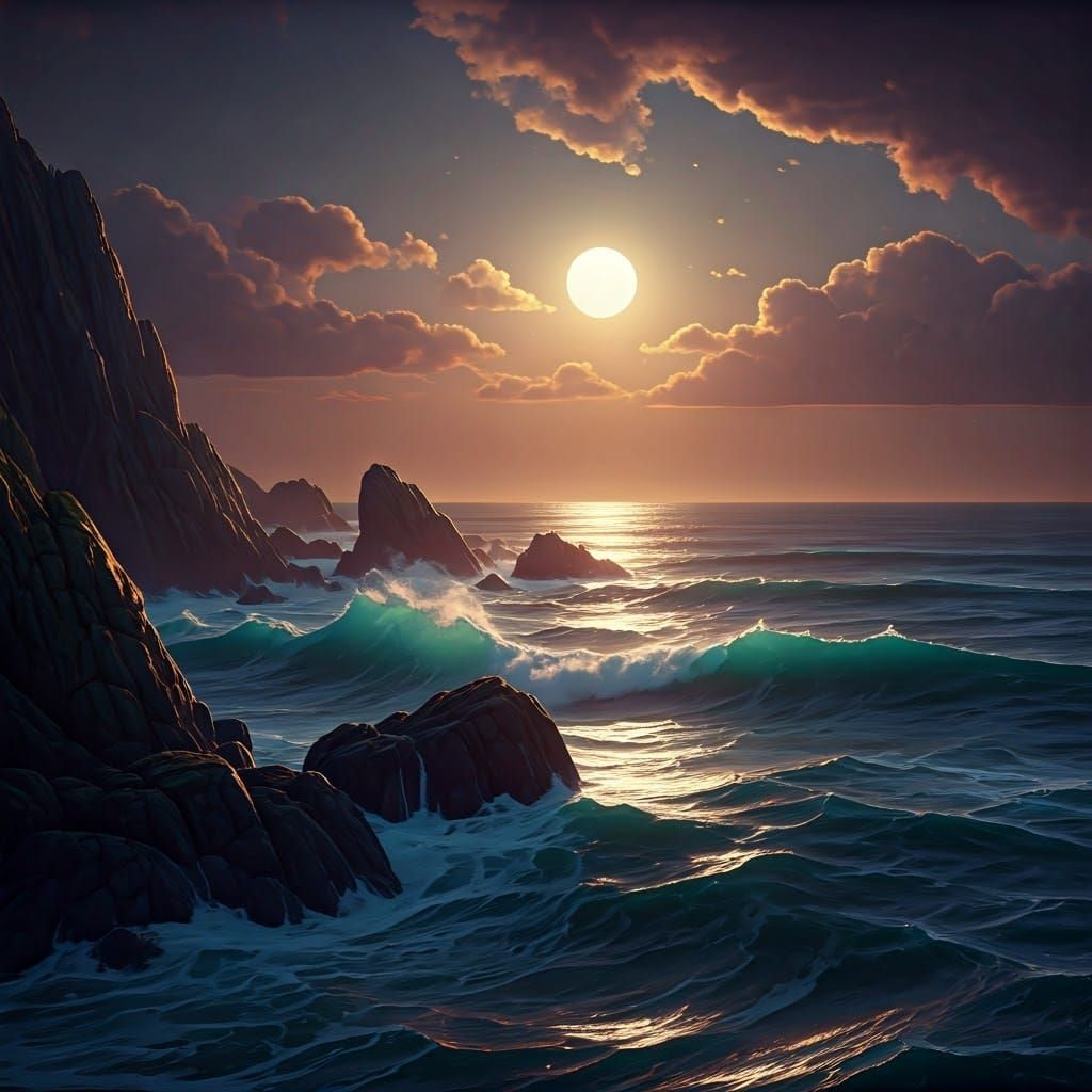 Moonlit Ocean Waves Crash Against Rocky Shoreline