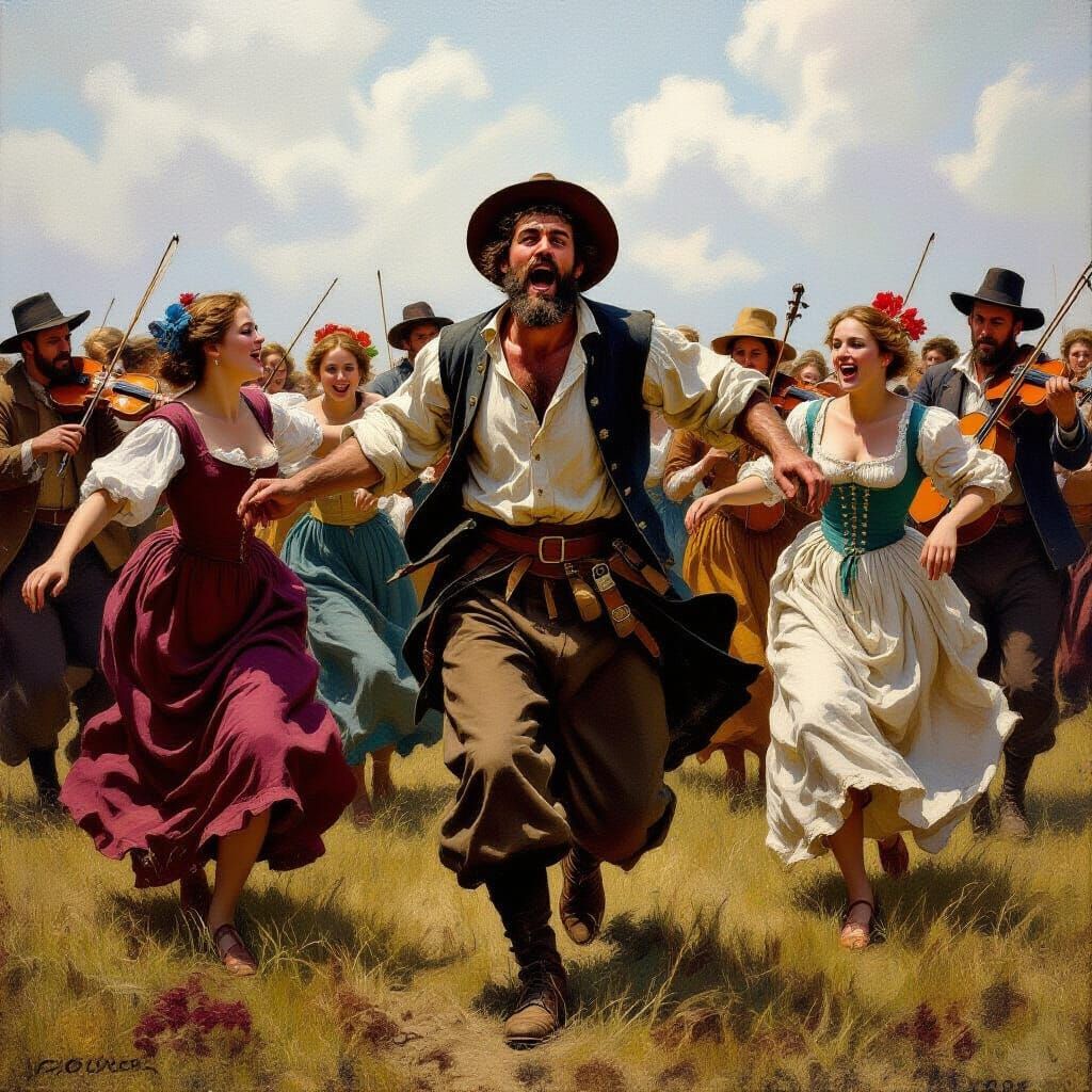 Frenetic 16th Century Folk Dance as Dark Oil Painting