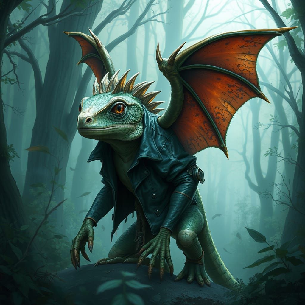 Iguana-Bat Hybrid in Mystical Forest