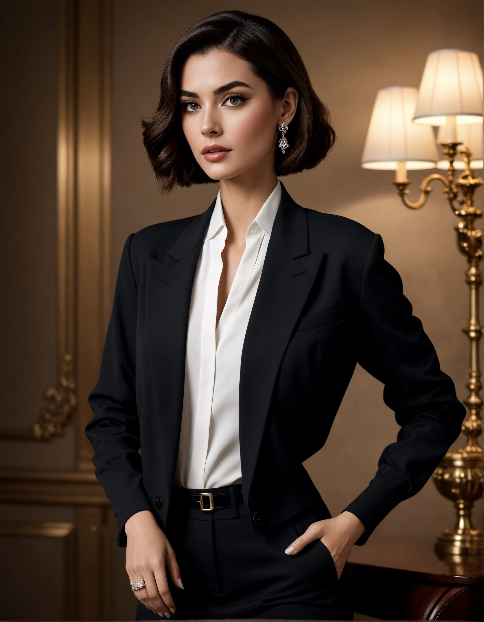 Elegant Woman in Classic Black Bouclé Cardigan