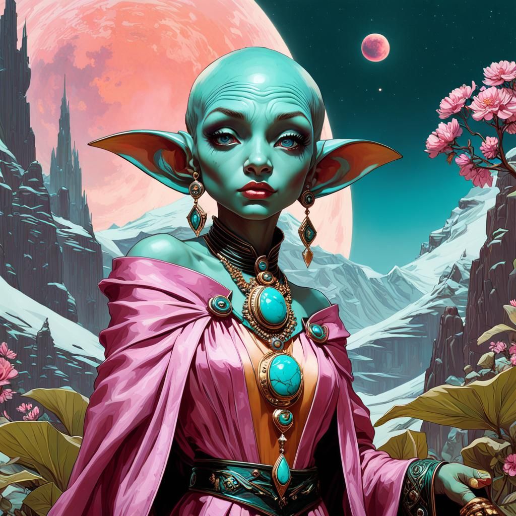 Turquoise Goblin Warlock Portrait in Art Nouveau Style