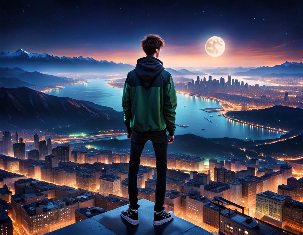 Teenager on Rooftop with Bioluminescent City Galaxy
