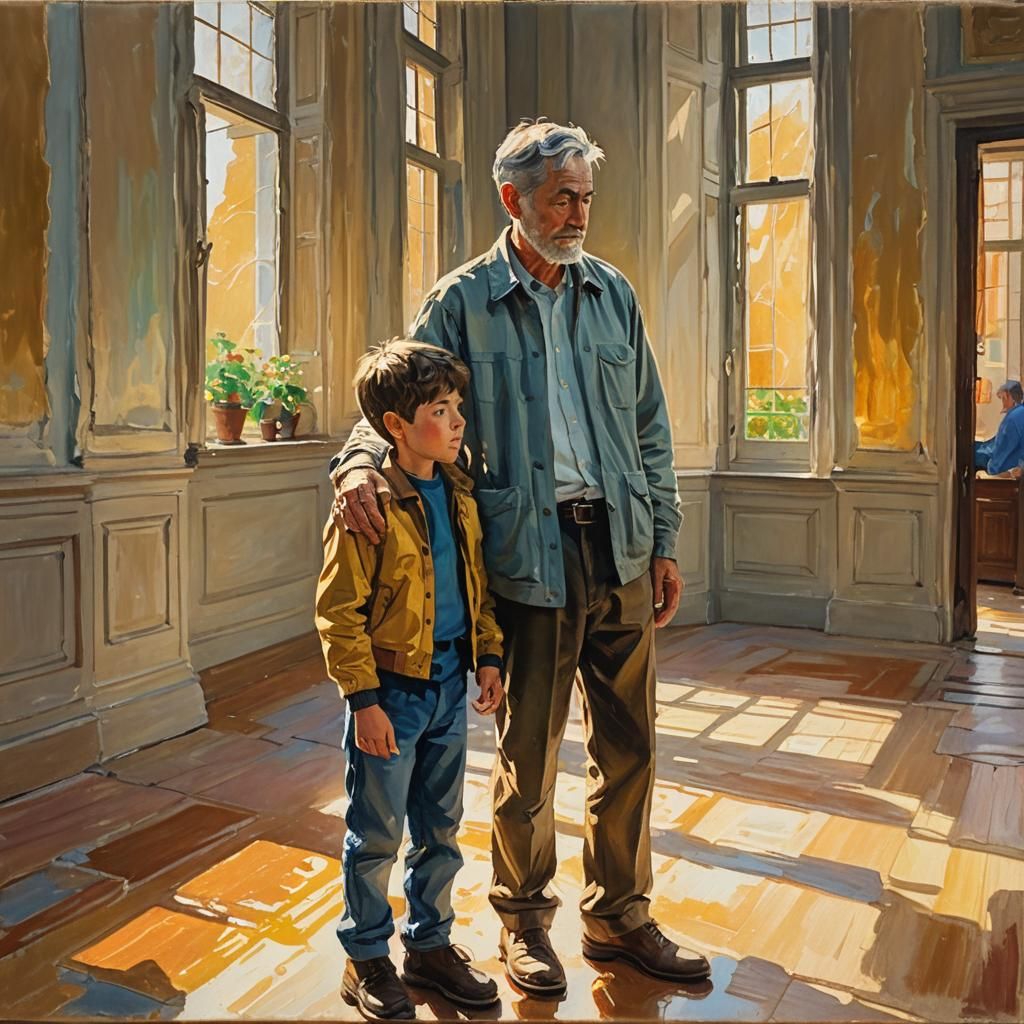 Impressionist Gouache Painting of Father and Son