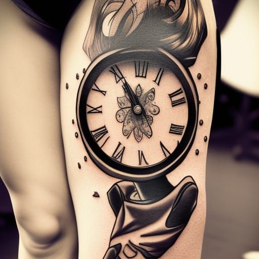 Clock Tattoo on Leg: Hyperrealistic Splash Art